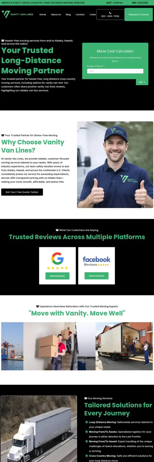 Vanity Van Lines website screenshot